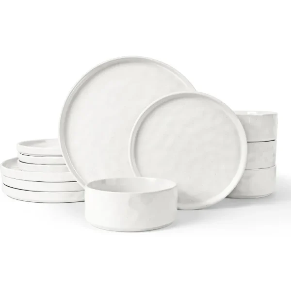Stoneware Dinnerware Sets, 12 Piece Plates and Bowls Dish Set for 4